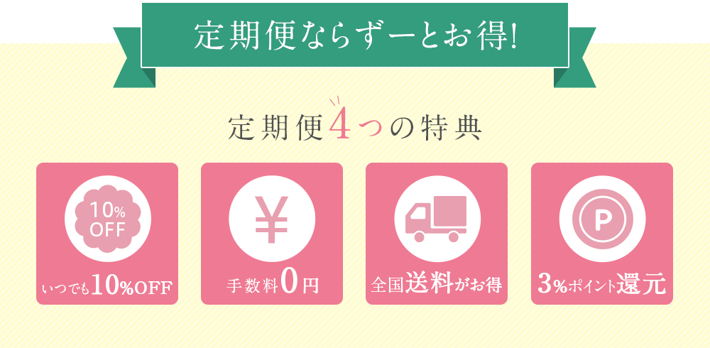 定期便ならずーとお得！　定期便4つの特典 いつでも20％OFF 手数料0円 全国送料がお得
 3%ポイント還元