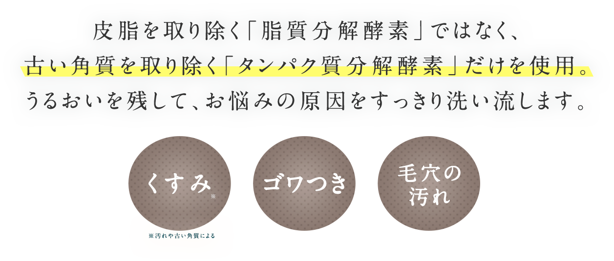 皮脂を取り除く「脂質分解酵素」ではなく、古い角質を取り除く「タンパク質分解酵素」だけを使用。うるおいを残して、お悩みの原因をすっきり洗い流します。くすみ ゴワつき 毛穴の汚れ